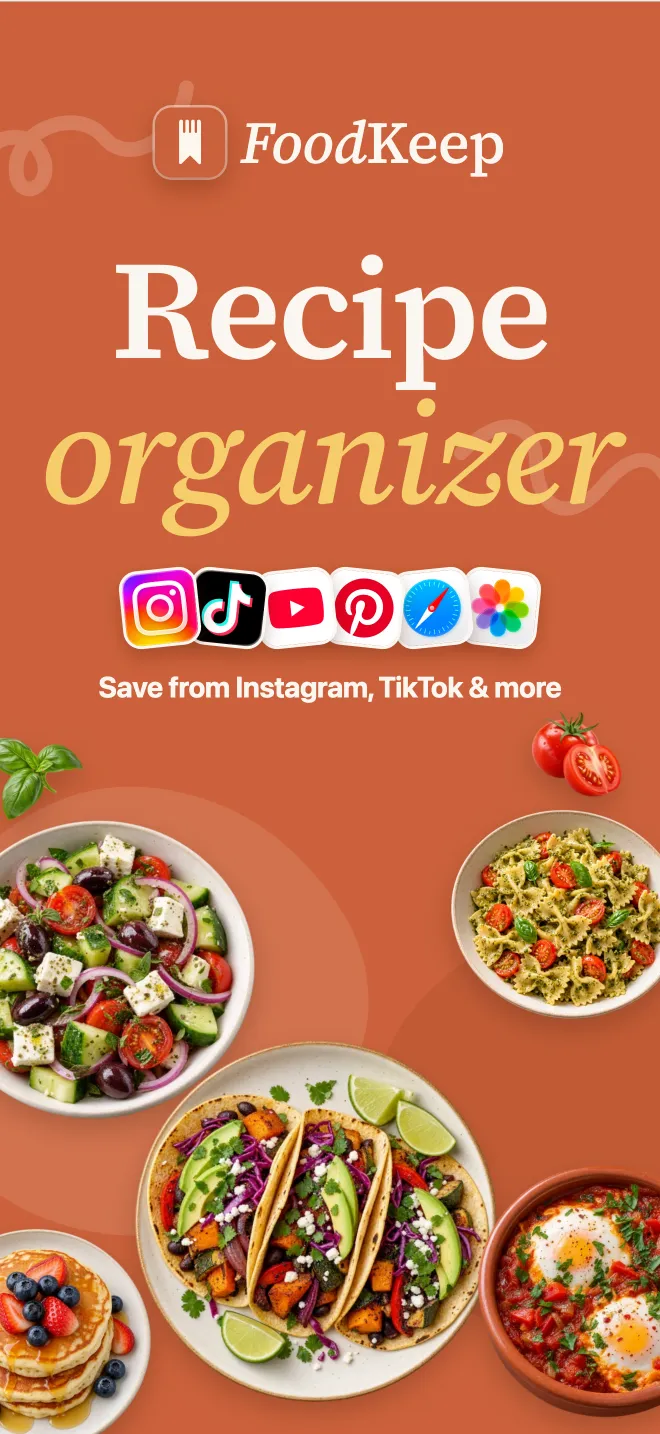 FoodKeep app overview showing recipes saved from Instagram, TikTok and more