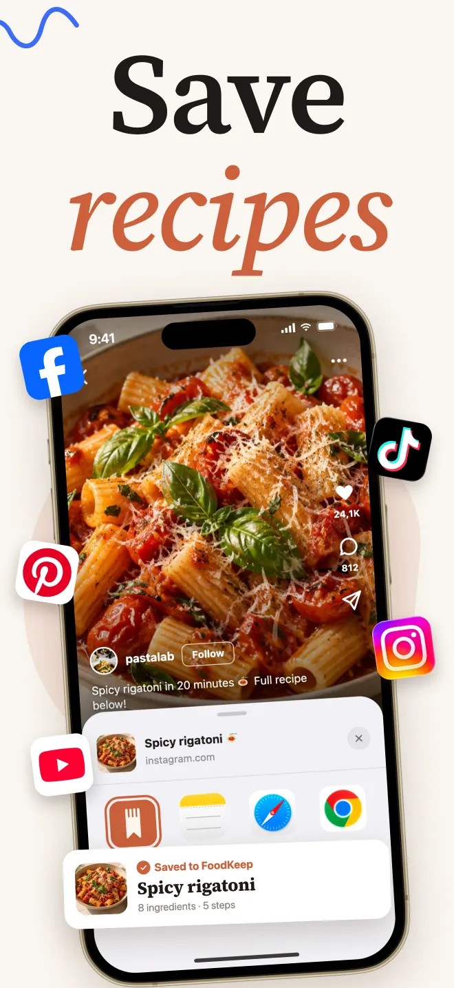 Saving a spicy rigatoni recipe from a social video with the iOS share sheet